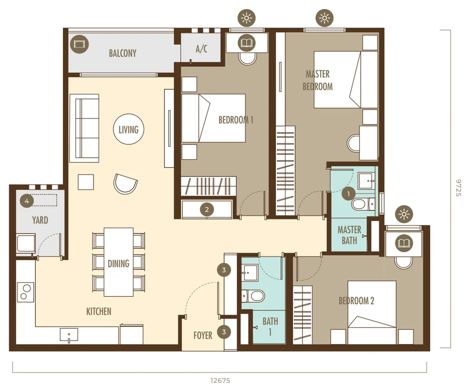 Ayanna Type E floor plan, 1,155 sqft, 3 bedroom 2 bathroom layout